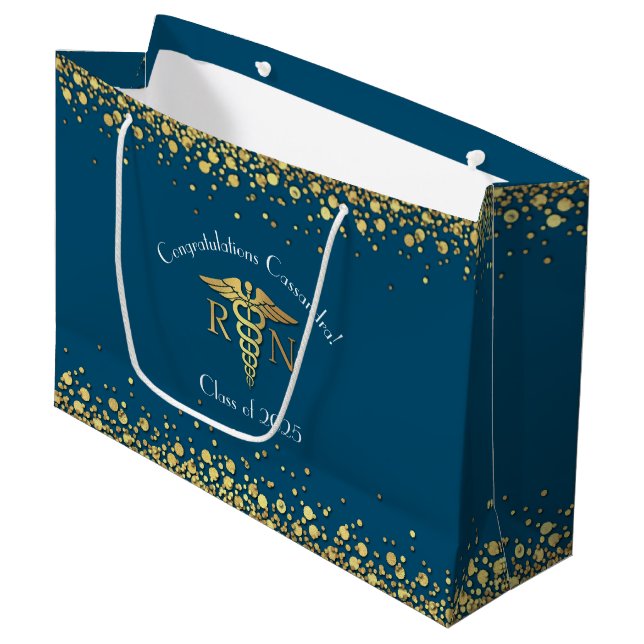 Nurse Nursing School Graduation Party Gold Blue Large Gift Bag (Front Angled)