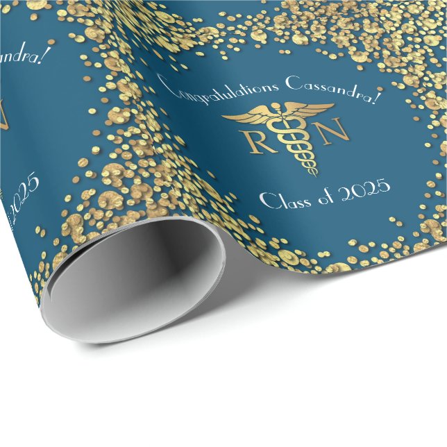 Nurse Nursing School Graduation Party Gold Blue Wrapping Paper (Roll Corner)