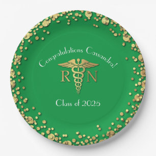 Nurse Nursing School Graduation Party Green Gold Paper Plate