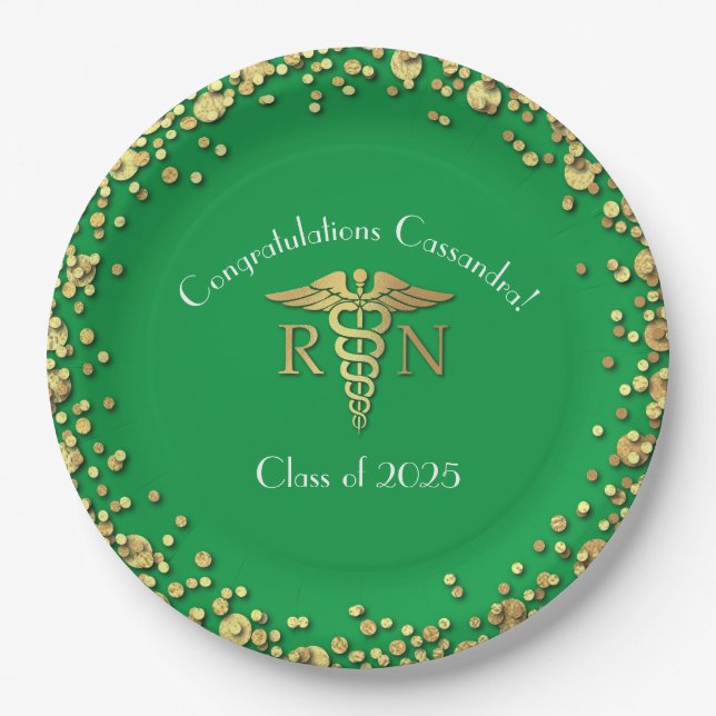 Nurse Nursing School Graduation Party Green Gold Paper Plate (Front)