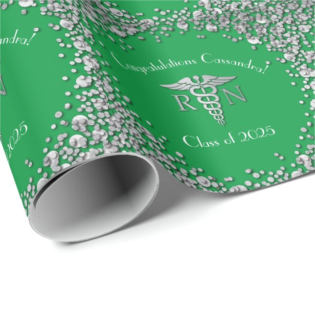 Nurse Nursing School Graduation Party Green Silver Wrapping Paper (Roll Corner)