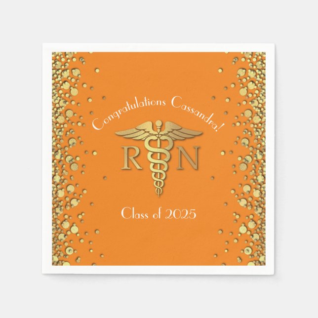 Nurse Nursing School Graduation Party Orange Gold Napkin (Front)