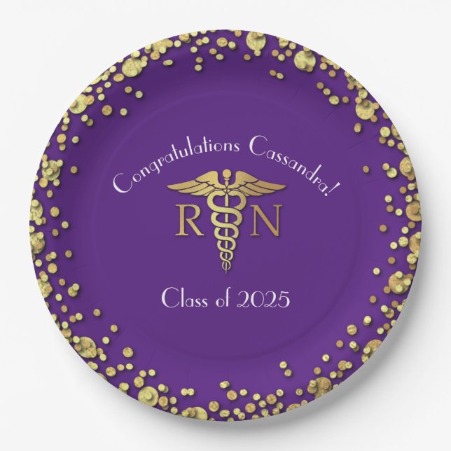 Nurse Nursing School Graduation Party Purple Gold Paper Plate (Front)
