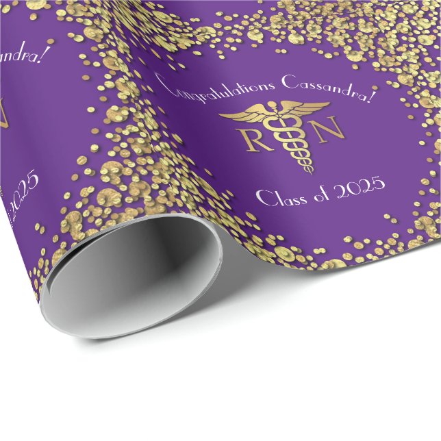 Nurse Nursing School Graduation Party Purple Gold Wrapping Paper (Roll Corner)