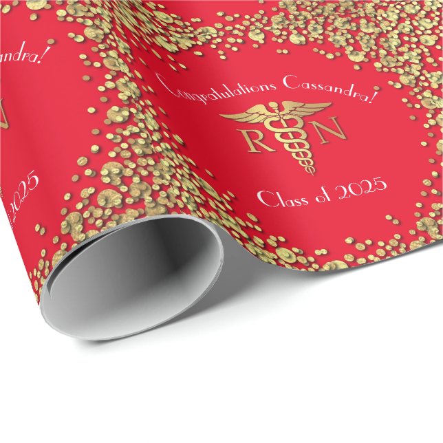 Nurse Nursing School Graduation Party Red Gold Wrapping Paper (Roll Corner)