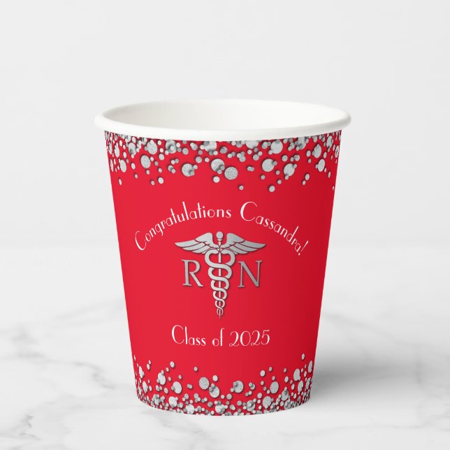 Nurse Nursing School Graduation Party Red Silver Paper Cups (Front)