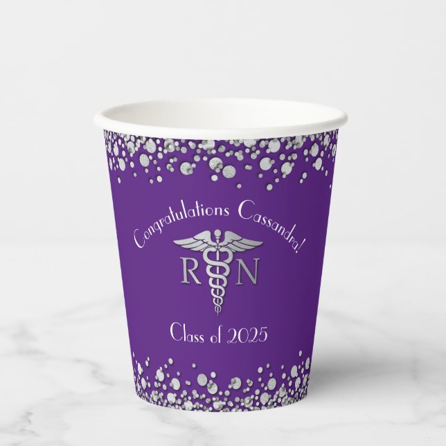 Nurse Nursing School Graduation Purple Silver Paper Cups (Front)