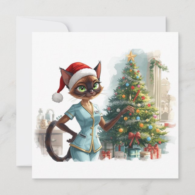 Nurse on Duty Christmas Time for Cat Lovers Holiday Card (Front)