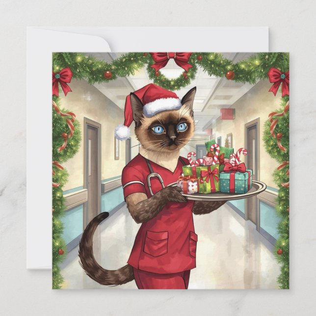 Nurse on Duty Christmas Time for Cat Lovers Holiday Card (Front)