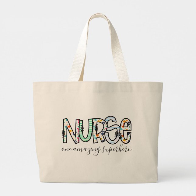 Nurse One Amazing Superhero Modern Typography Large Tote Bag (Back)