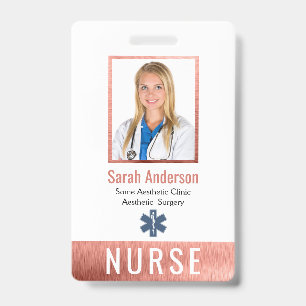 Nurse Photo Logo Barcode Rose Gold Pink Classic ID Badge