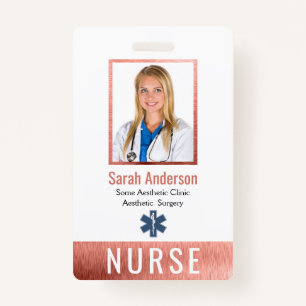 Nurse Photo Logo Barcode Rose Gold Pink Classic ID Badge