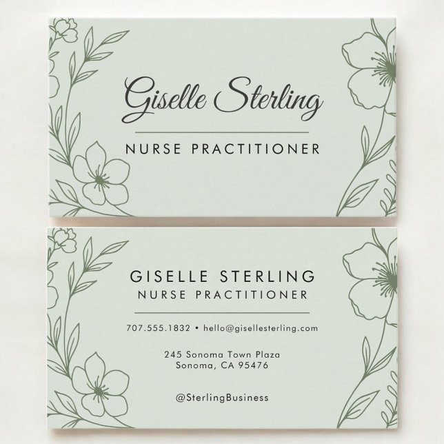 Nurse Practioner Botanical Sage Green Modern Business Card (Creator Uploaded)