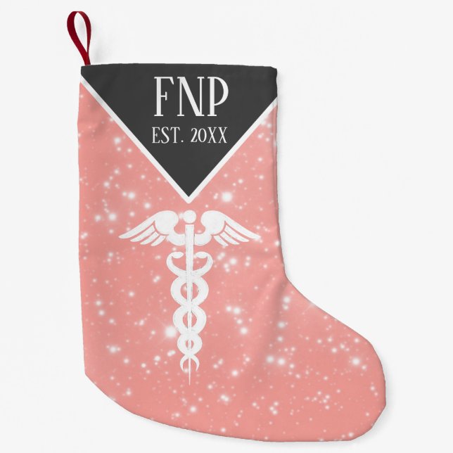 Nurse Practitioner Caduceus Pink Faux Glitter Small Christmas Stocking (Front)