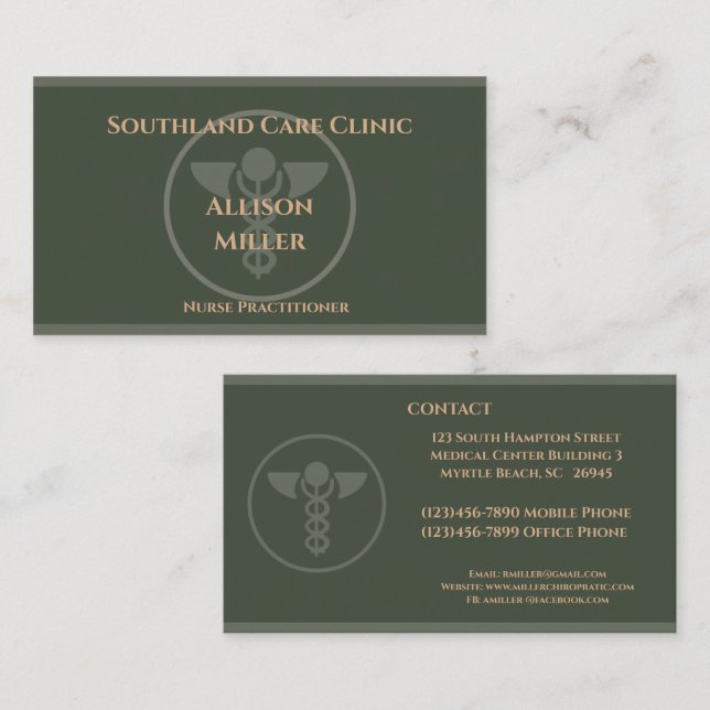 Nurse Practitioner Green Caduceus Business Card (Front/Back)