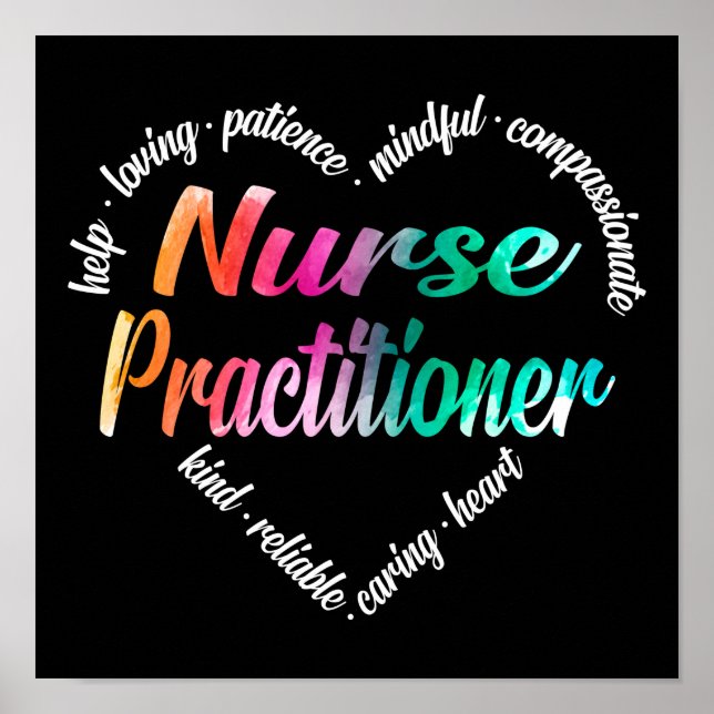Nurse Practitioner Heart Word Cloud Watercolor Poster (Front)