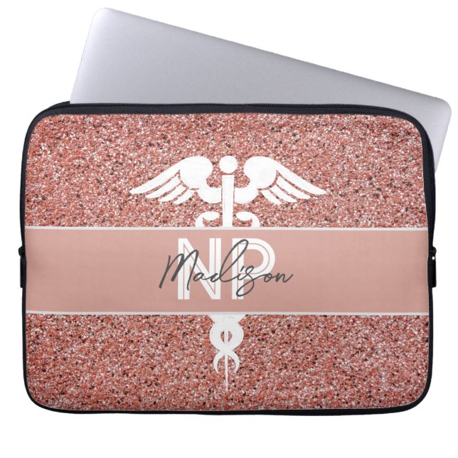 Nurse Practitioner Pink Glitter Caduceus Monogram Laptop Sleeve (Front)