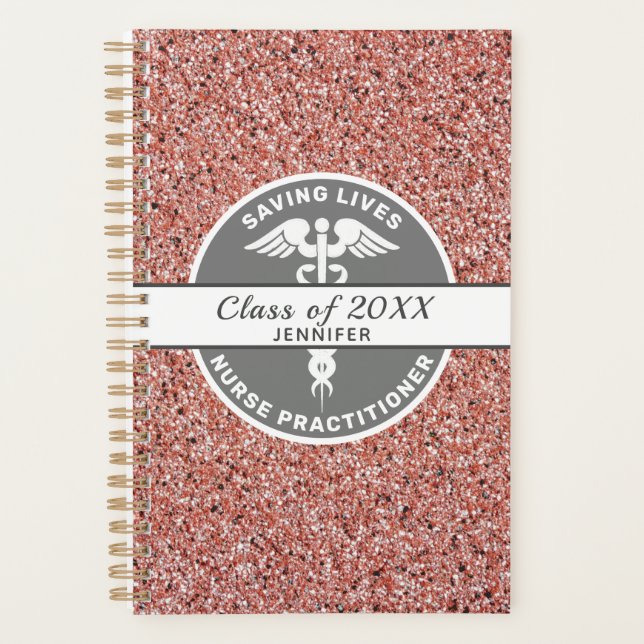 Nurse Practitioner Pink Rose Gold Glitter Name Planner (Front)