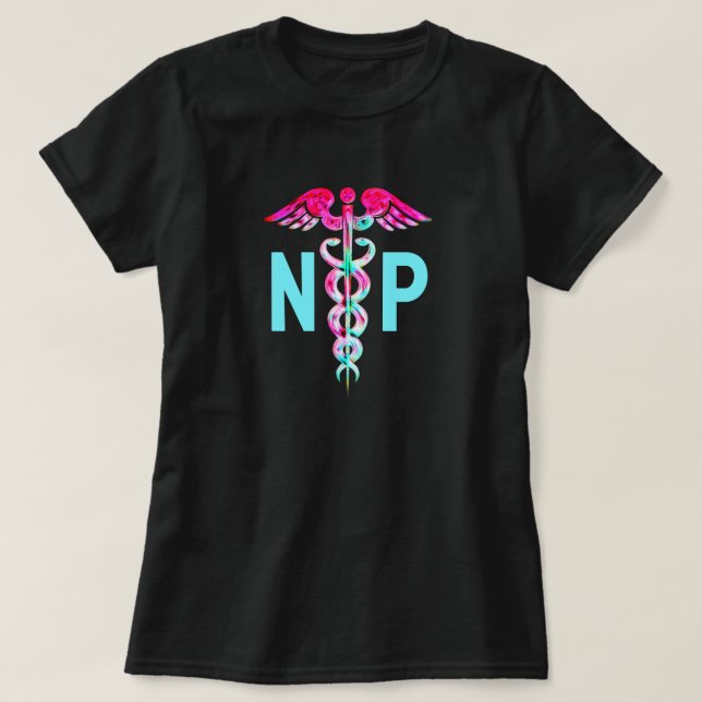 Nurse Practitioner Pink Teal Medical Symbol T-Shirt (Design Front)