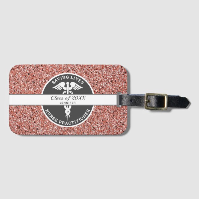 Nurse Practitioner Rose Gold Glitter Personalised Luggage Tag (Front Horizontal)