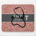 Nurse Practitioner Stethoscope Rose Gold Glitter Mouse Mat<br><div class="desc">Nurse Practitioner Stethoscope Rose Gold Glitter Mouse Pad Elegant modern design with rose gold faux glitter background and a wide horizontal grey stripe on the centre with a white medical caduceus symbol and a black silhouette stethoscope. "FNP" is in white skinny lettering and personalised with name in white calligraphy handwritten...</div>