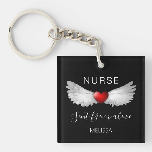 Nurse Red Heart Angel Wings Personalised Name  Key Ring (Front)