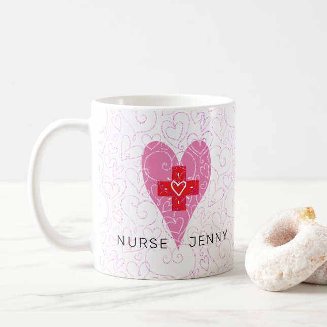Nurse Red Pink Hearts Personalised Coffee Mug (With Donut)