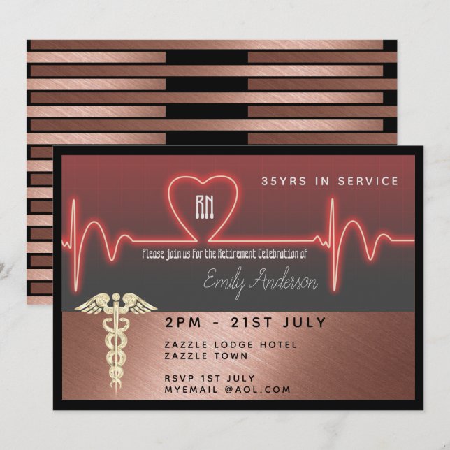 Nurse Retirement Invitation - Rose Gold Metallic (Front/Back)