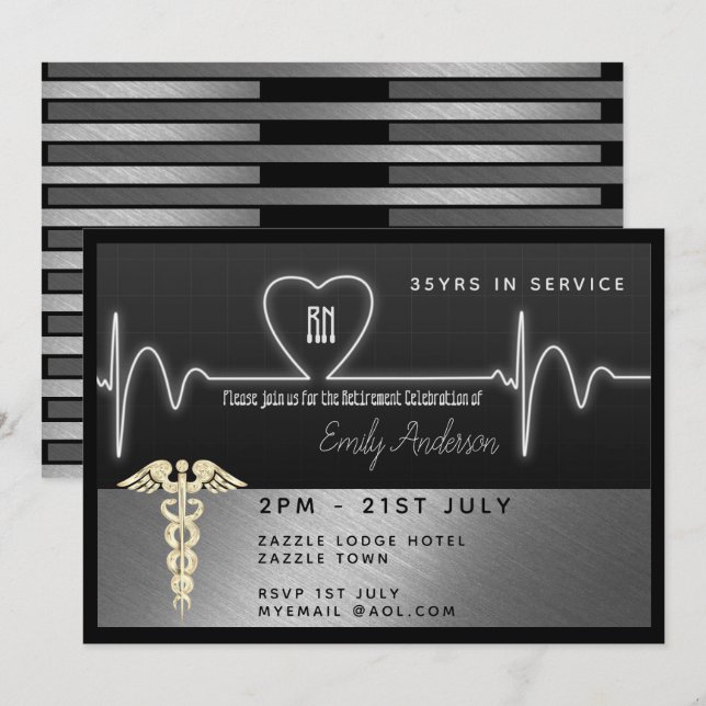 Nurse Retirement Invitation -Silver Black Metallic (Front/Back)