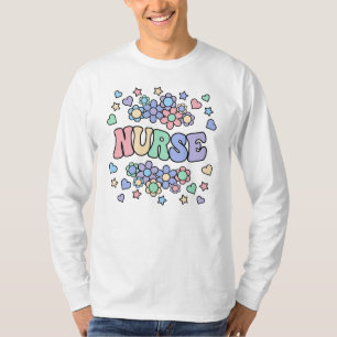 NURSE-Retro Groovy Vintage, Flowers, Hearts, Stars T-Shirt