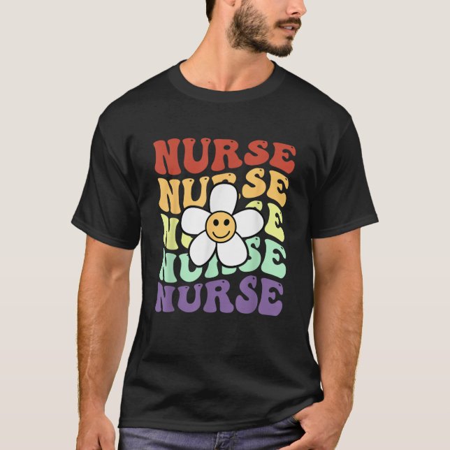 Nurse retro sunflower smile face colourful Nurses  T-Shirt (Front)