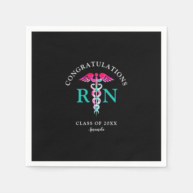 Nurse RN Black Pink Teal Graduation Party Napkin (Front)