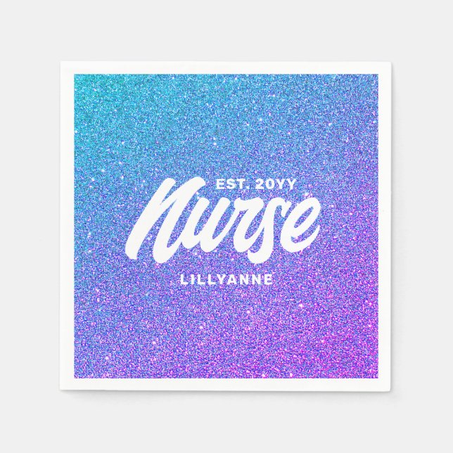 Nurse RN Blue Purple Glitter Graduation Party Napkin (Front)