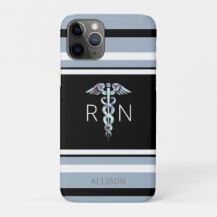 Nurse RN Caduceus Blue Stripes Personalised iPhone 11 Pro Case