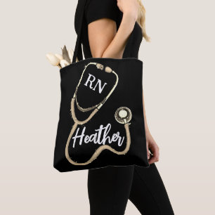 Nurse RN Gold Stethoscope Black Minimalist  Tote Bag
