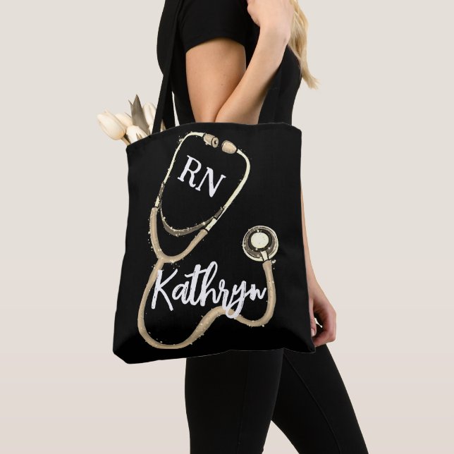 Nurse RN Gold Stethoscope Black Minimalist  Tote Bag (Close Up)