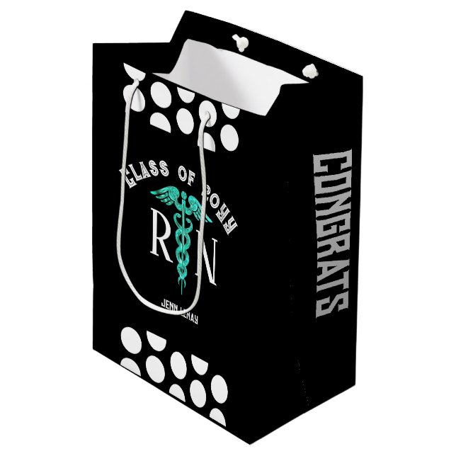 Nurse RN Graduation Black White Personalised Medium Gift Bag (Front Angled)