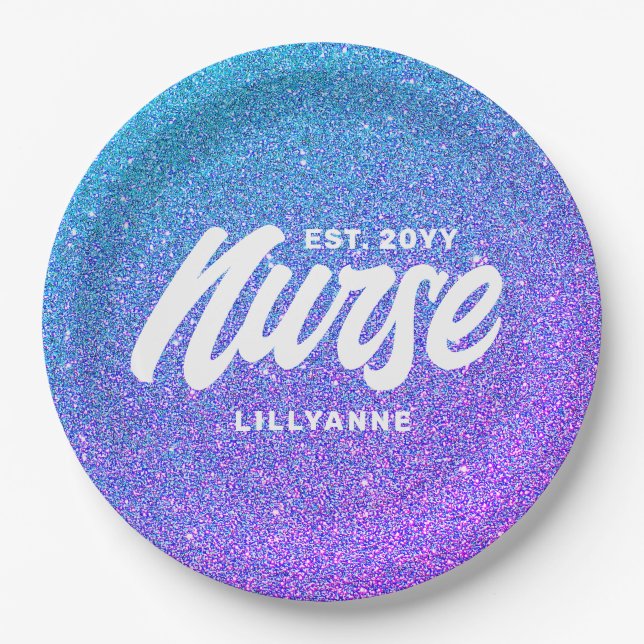 Nurse RN Graduation Blue Purple Glitter Monogram Paper Plate (Front)