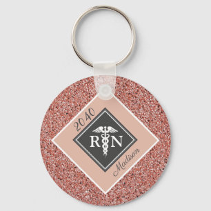 Nurse RN Graduation Rose Gold Glitter Personalised Key Ring