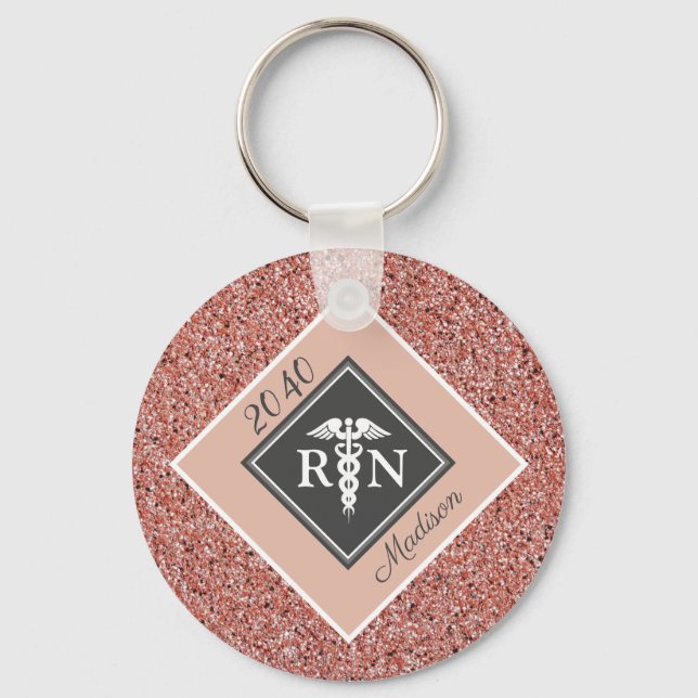 Nurse RN Graduation Rose Gold Glitter Personalised Key Ring (Front)