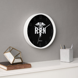 Nurse RN Medical Caduceus Black White Monogram Clock