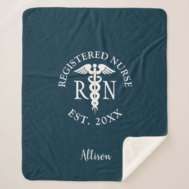 Nurse RN Medical Caduceus Blue Graduation Monogram Sherpa Blanket (Front)