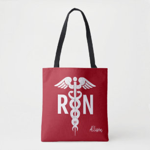 Nurse RN Medical Caduceus Red White Monogrammed Tote Bag