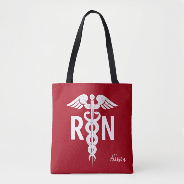 Nurse RN Medical Caduceus Red White Monogrammed Tote Bag (Front)