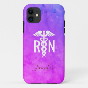 Nurse RN Medical Pink Purple Watercolor Monogram iPhone 11 Case
