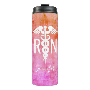 Nurse RN Pink Orange Watercolor Medical Monogram  Thermal Tumbler