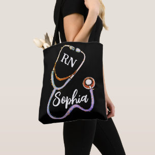 Nurse RN Purple Gold Stethoscope Black Minimalist  Tote Bag