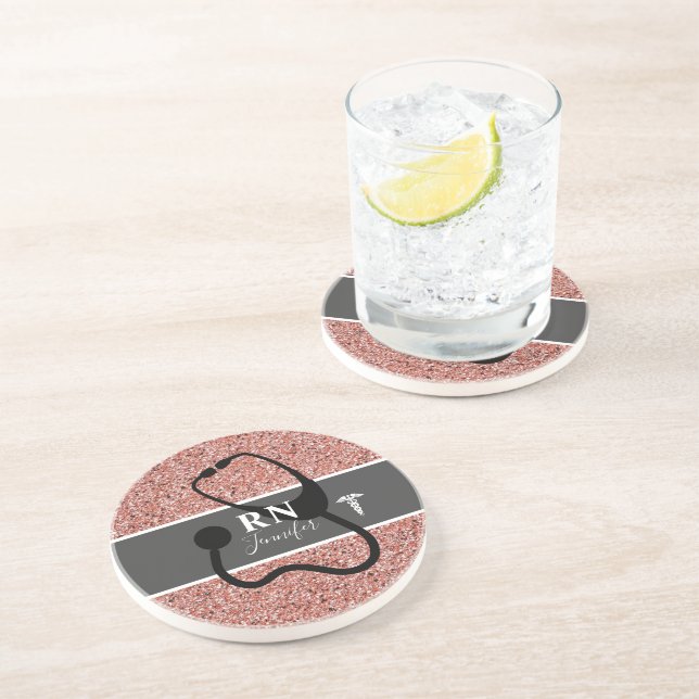 Nurse RN Rose Gold Glitter Personalised Coaster (Side)