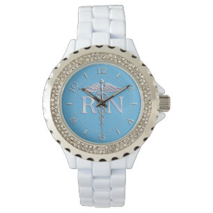 Nurse RN Silver Like Caduceus Watch Baby Blue