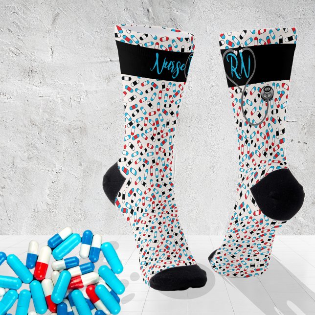 Nurse RN Stethoscope | Aqua and Red Pills Socks (Creator Uploaded)